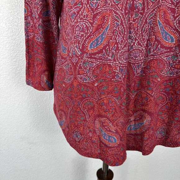 Lucky Brand Boho Top Women Large Red Paisley Slub Knit Split Back Tunic - Picture 5 of 11